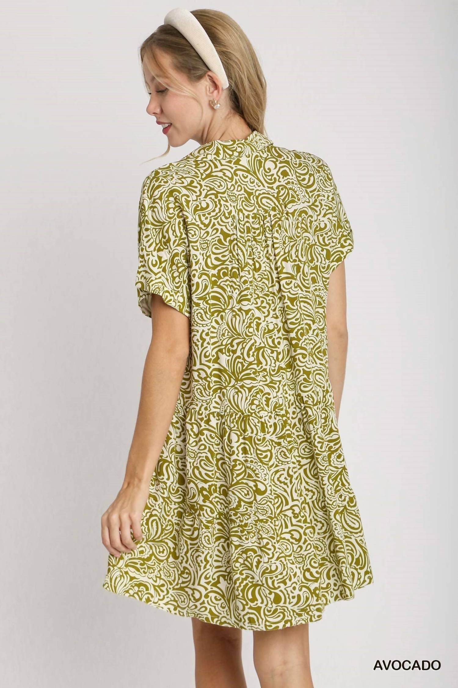 umgee Floral Paisley Mixed Print Tiered Dress in avocado - women's dress - alternate view