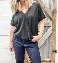 TRIBAL Reversible Short Sleeve Top in black - women's t-shirt - detail view