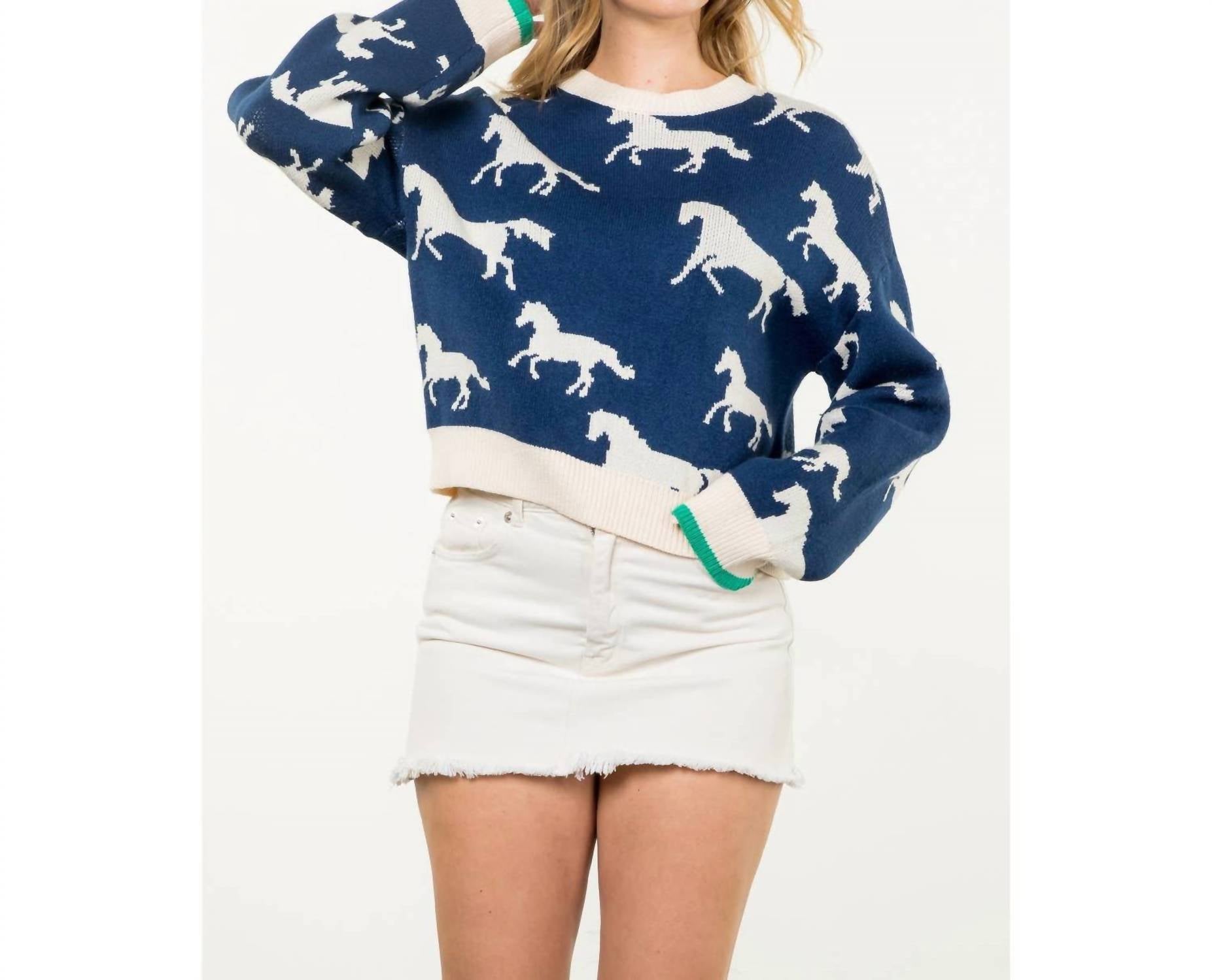 THML Women's Horse Sweater in blue - women's sweater - view 4
