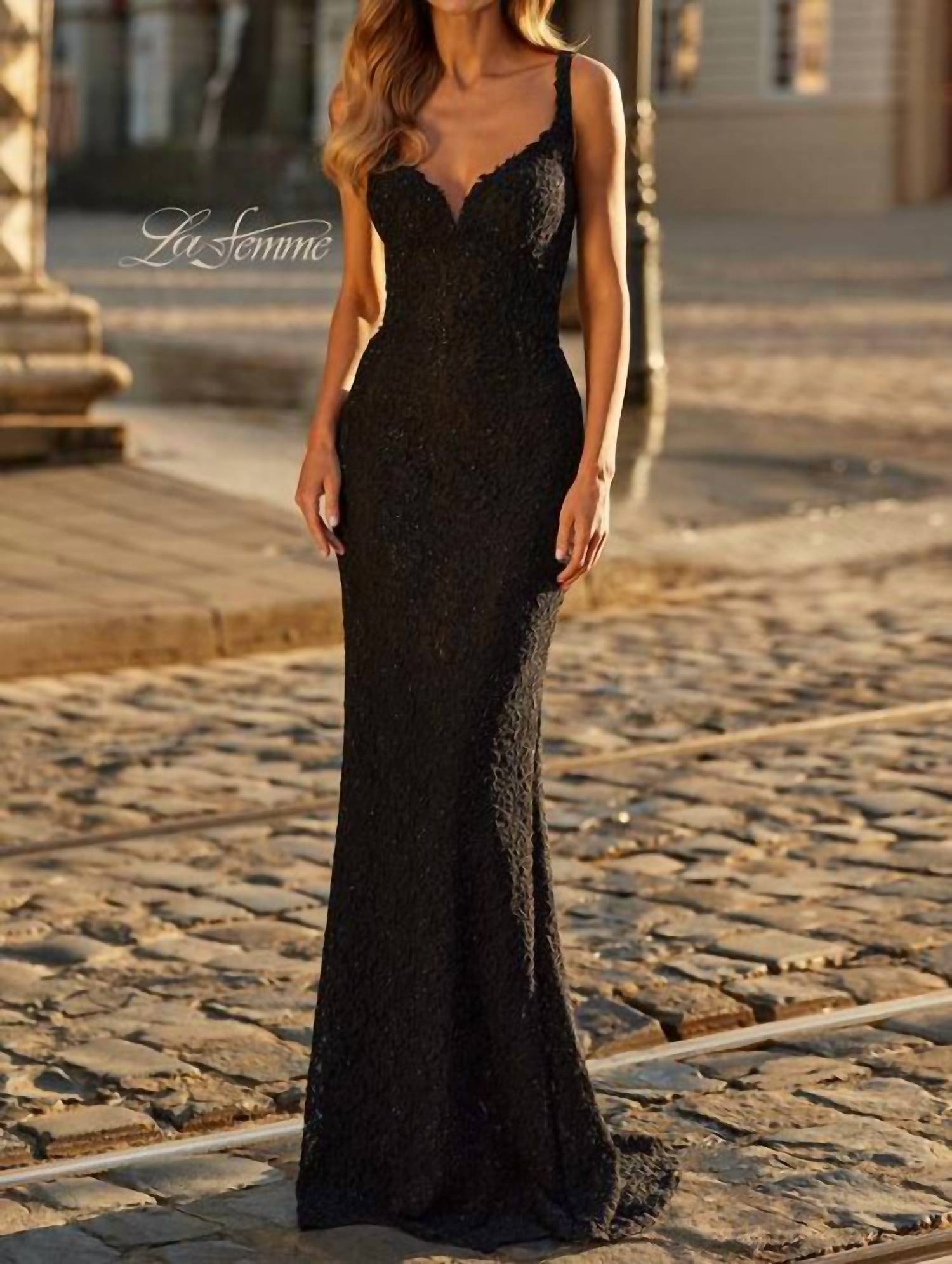 La Femme Women's Fitted Lace Overlay Embellished Prom Dress in black - women's dress