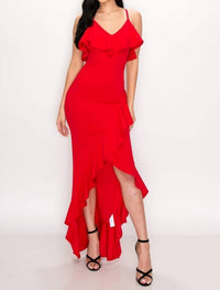 PRIVY High Low Ruffle Dress in red - women's dress