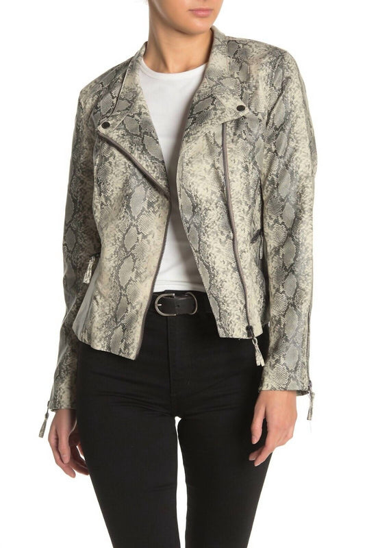 Blanknyc - Faux Leather Snake Print Asymmetrical Moto Zip Jacket