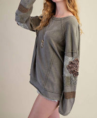 Easel Inside Out Washed Terry Pullover in faded olive - women's sweater - detail view