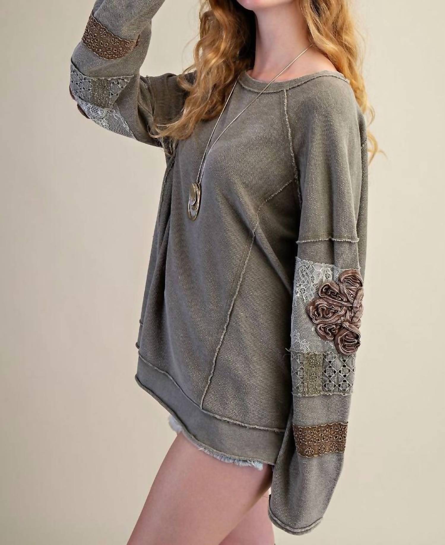 Easel Inside Out Washed Terry Pullover in faded olive - women's sweater - detail view
