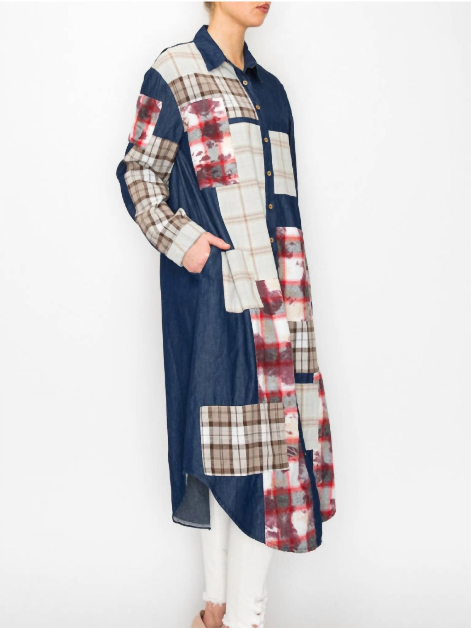 Origami - Light Weight Denim Duster Jacket With Pockets And Patch