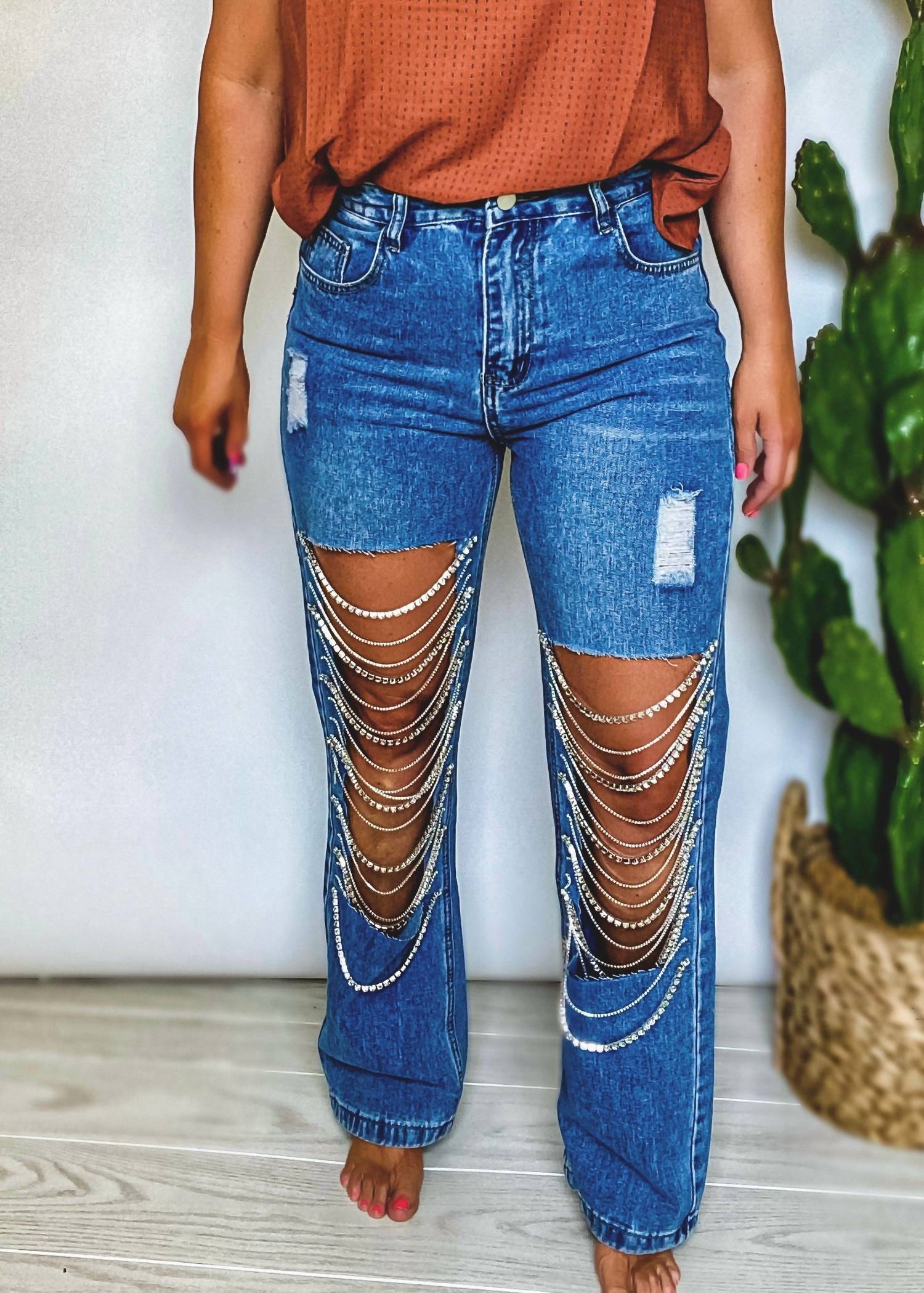 Kiwi The Rhinestone Straight Leg Jean in blue - women's jeans