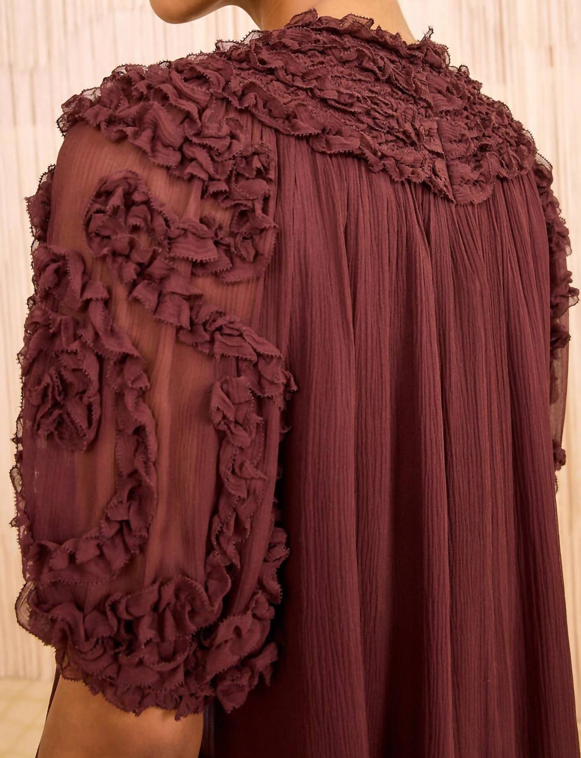 Ulla Johnson Isolda Silk Smocked Short Sleeve Blouse in mahogany 1 - women's blouse - alternate view
