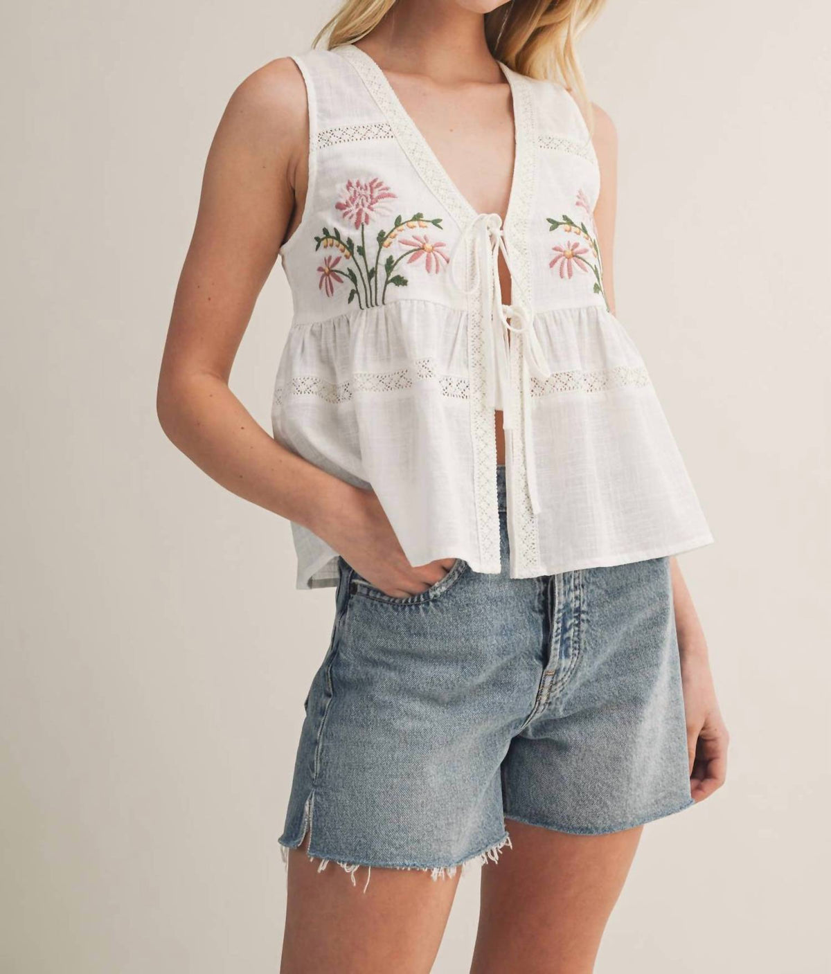 Mustard Seed - Floral Embroidered Linen Vest