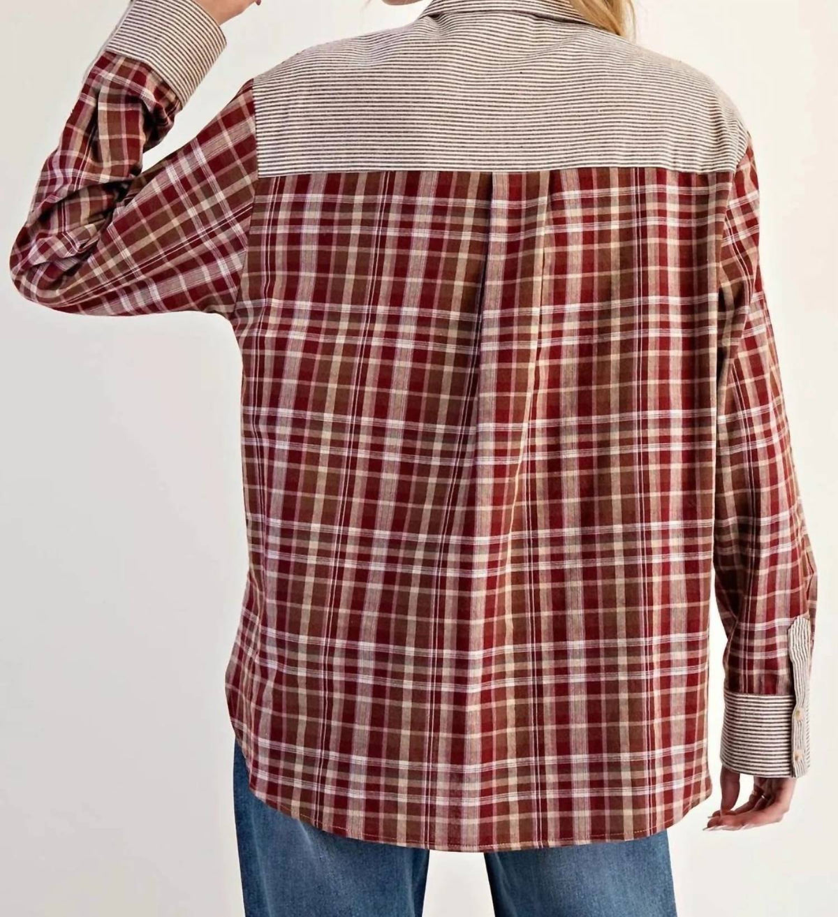 Ee:Some - Women's Striped Color Block Long Sleeve Flannel Top