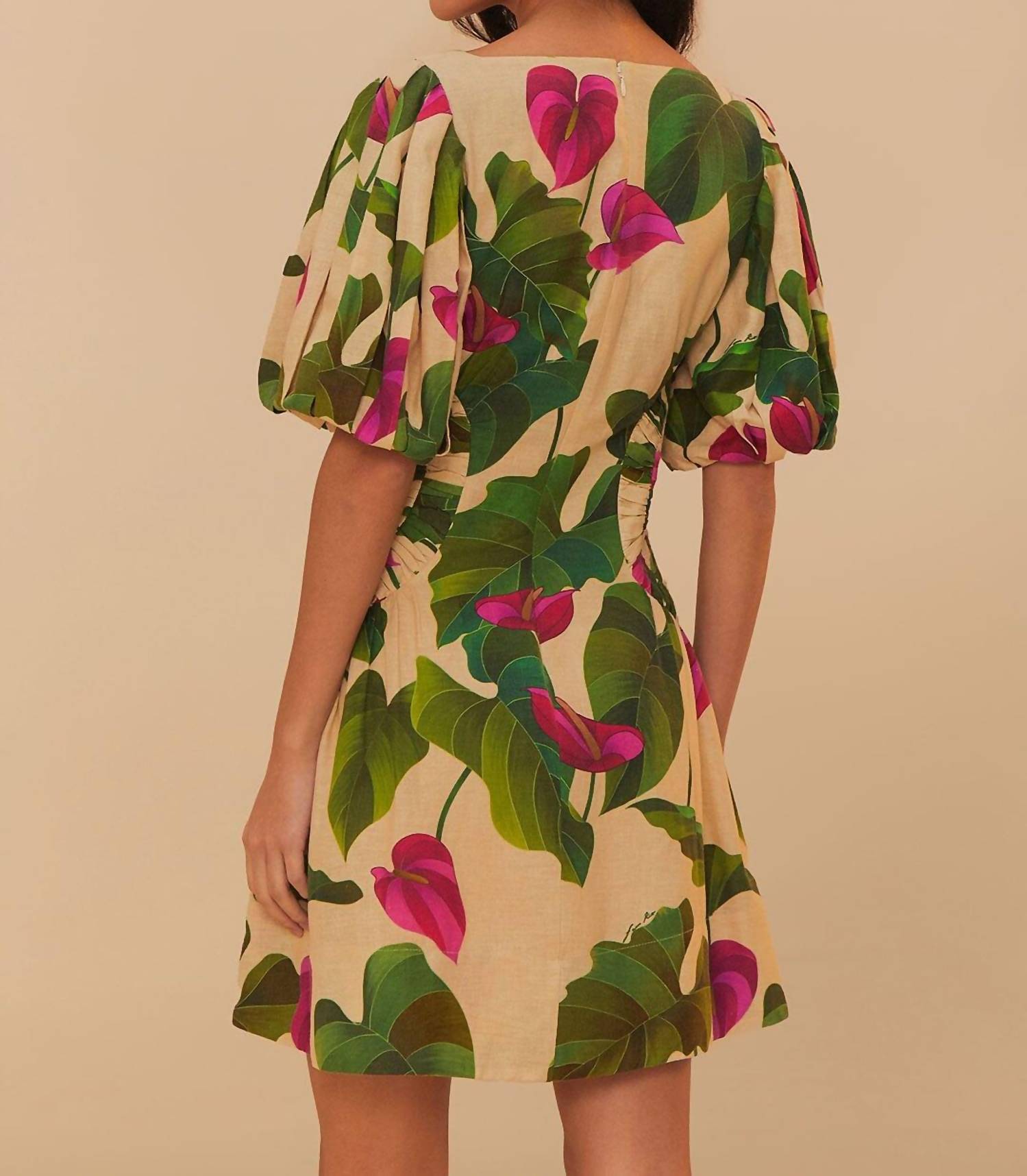 FARM RIO Short Puff Sleeve Mini Dress in anthurium leaves sand - women's dress - detail view