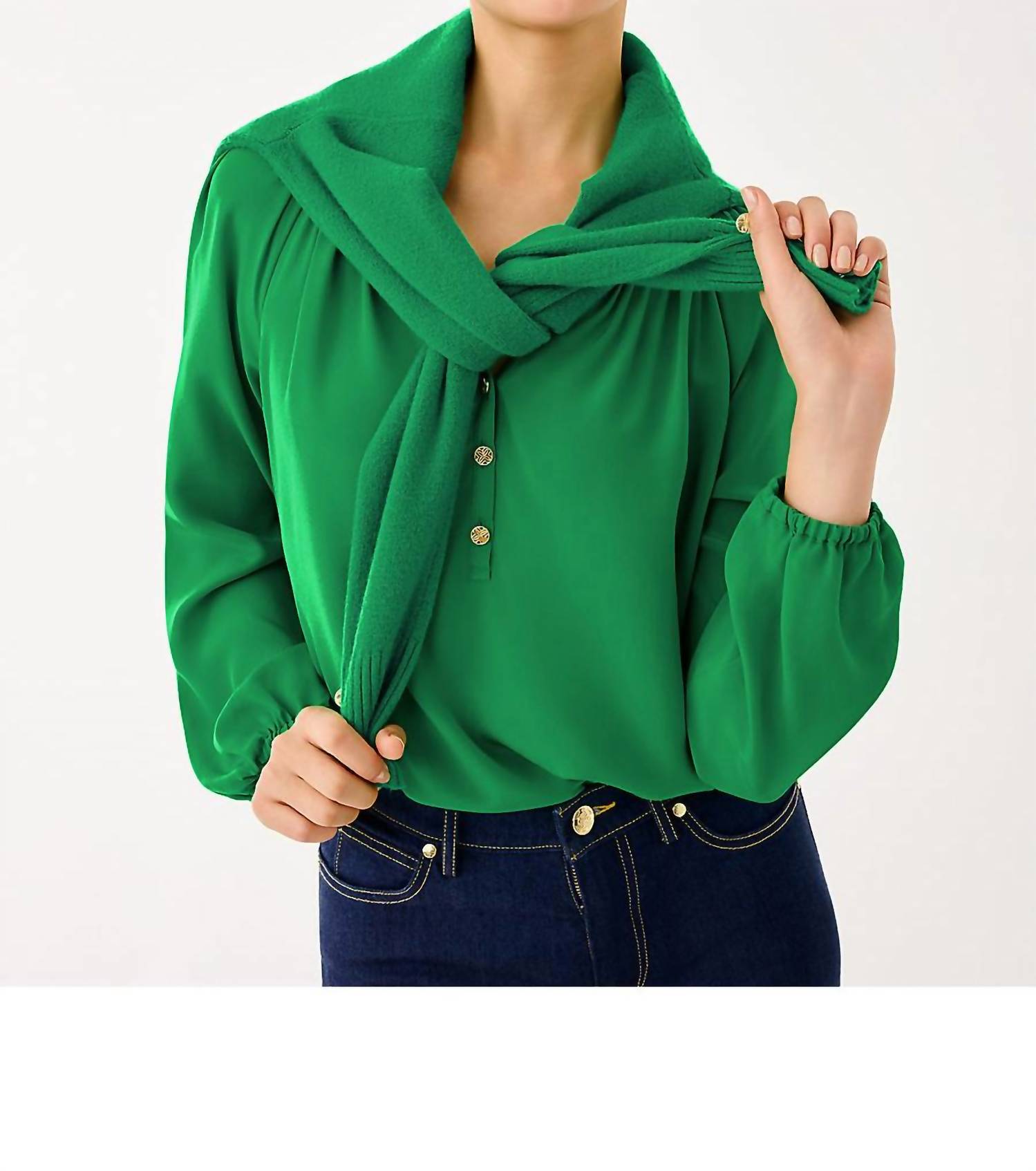 Lilly Pulitzer Elsa Silk Top in bamboo green - women's blouse - detail view