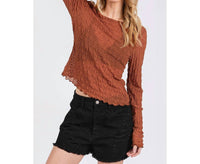 Mittoshop - Textured Sheer Stretchy Boat Neck Long Sleeve Top