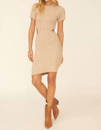 Promesa - Ribbed Knit Short Sleeve Cutout Mini Sweater Dress
