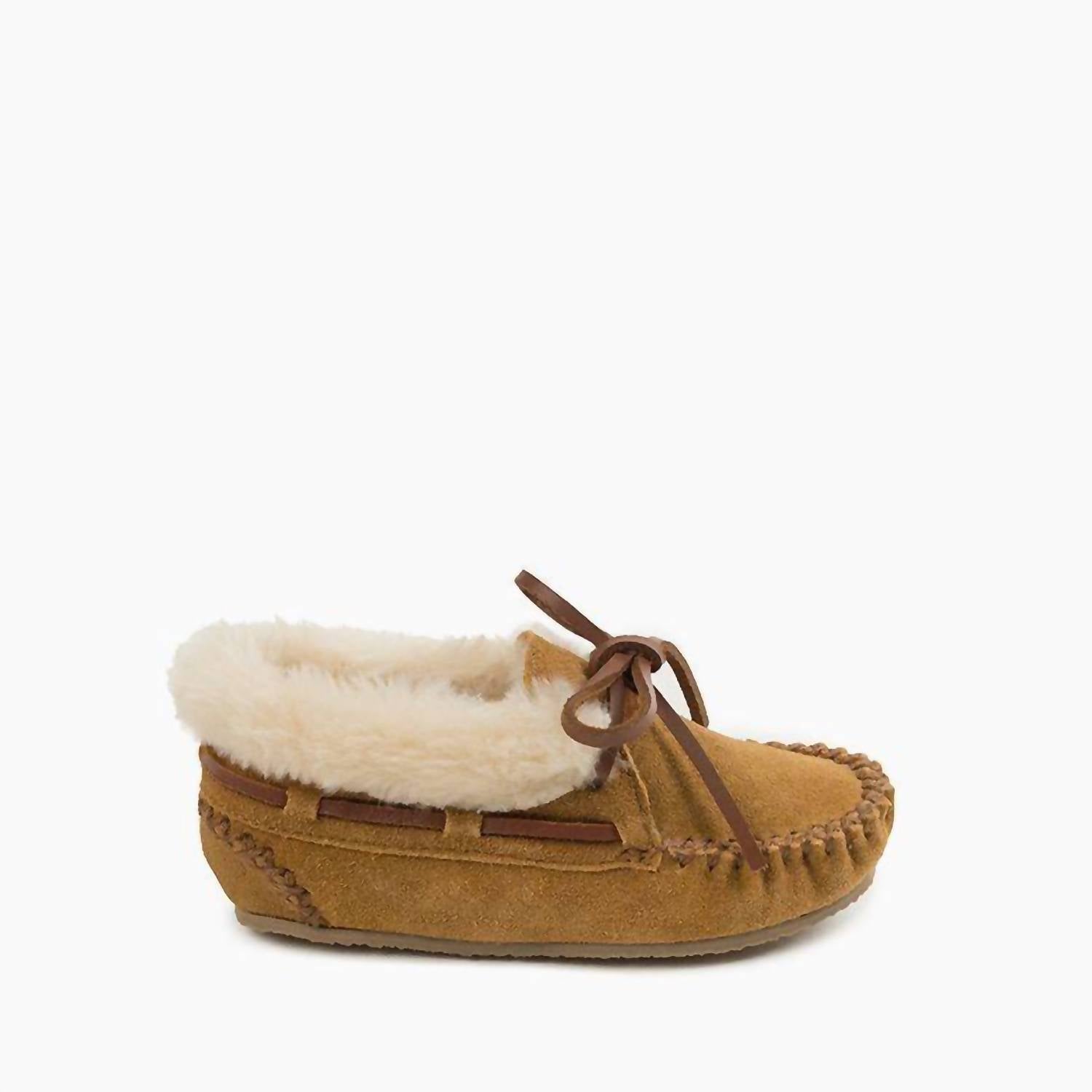 MINNETONKA Kids Charley Slipper Bootie in cinnamon - kids' boots - detail view