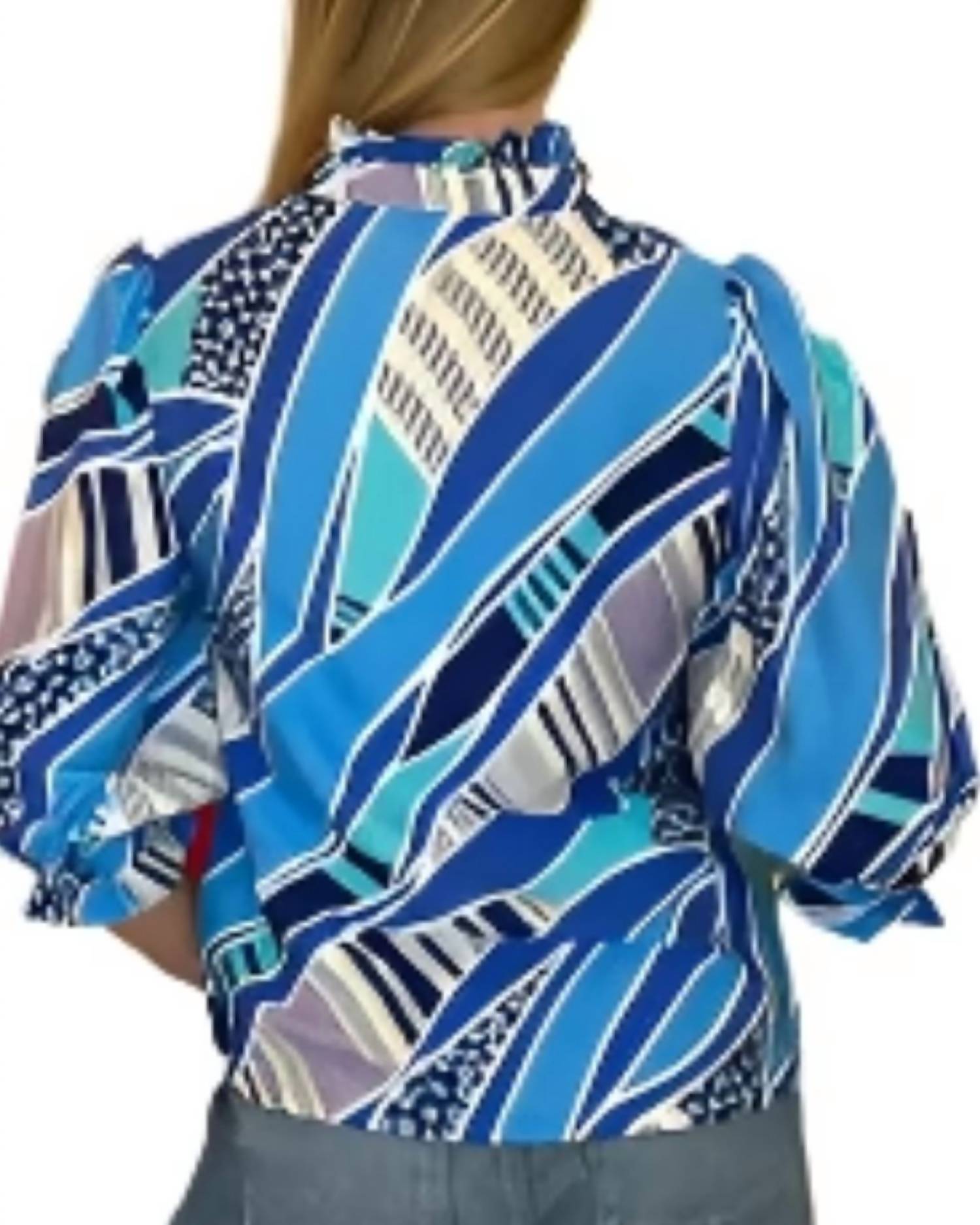 Joy Joy Trim Button Front Blouse in blue wave geo - women's blouse - detail view