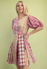Gigio - Mixed Check Print Wrap Mini Dress