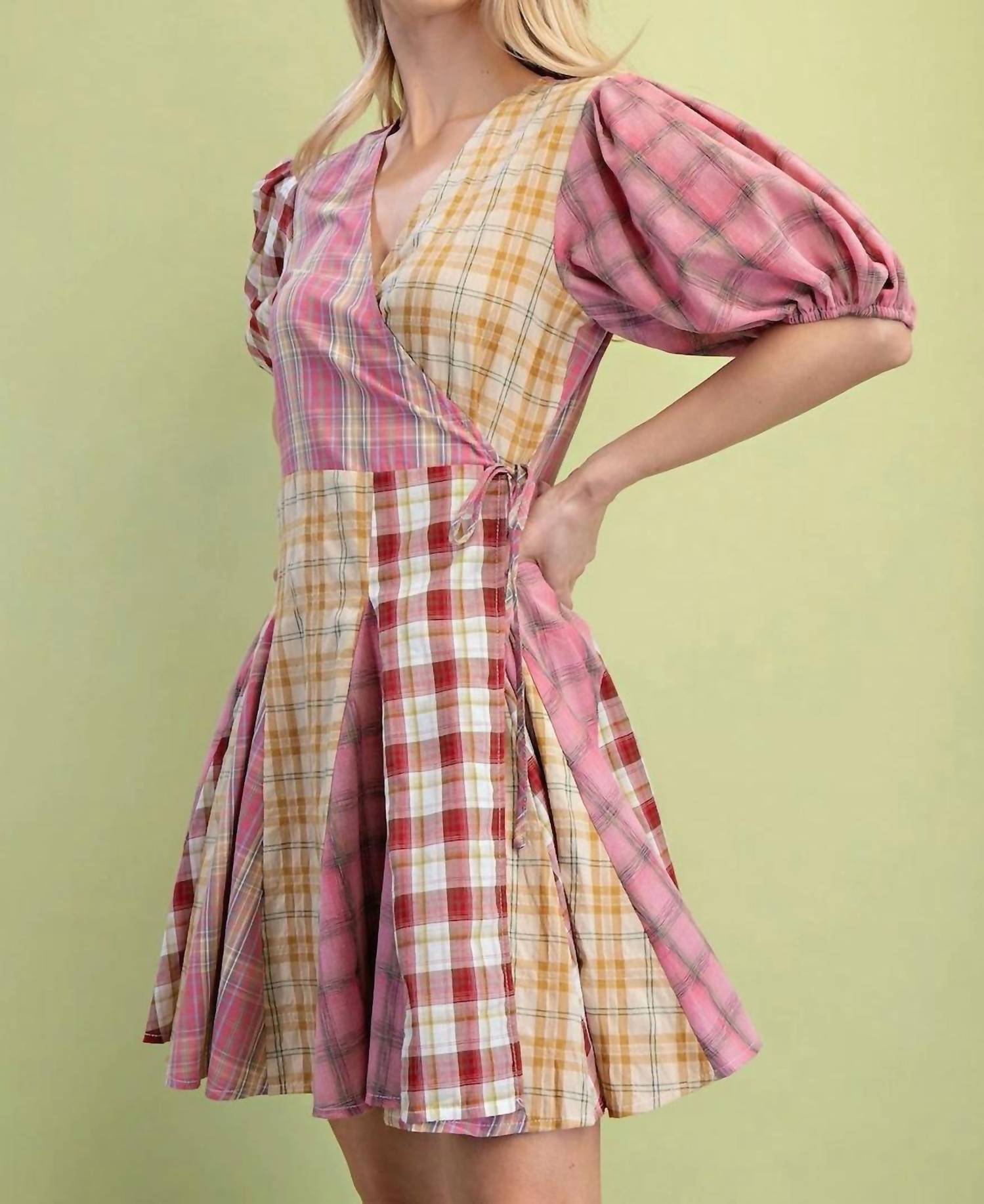 Gigio - Mixed Check Print Wrap Mini Dress
