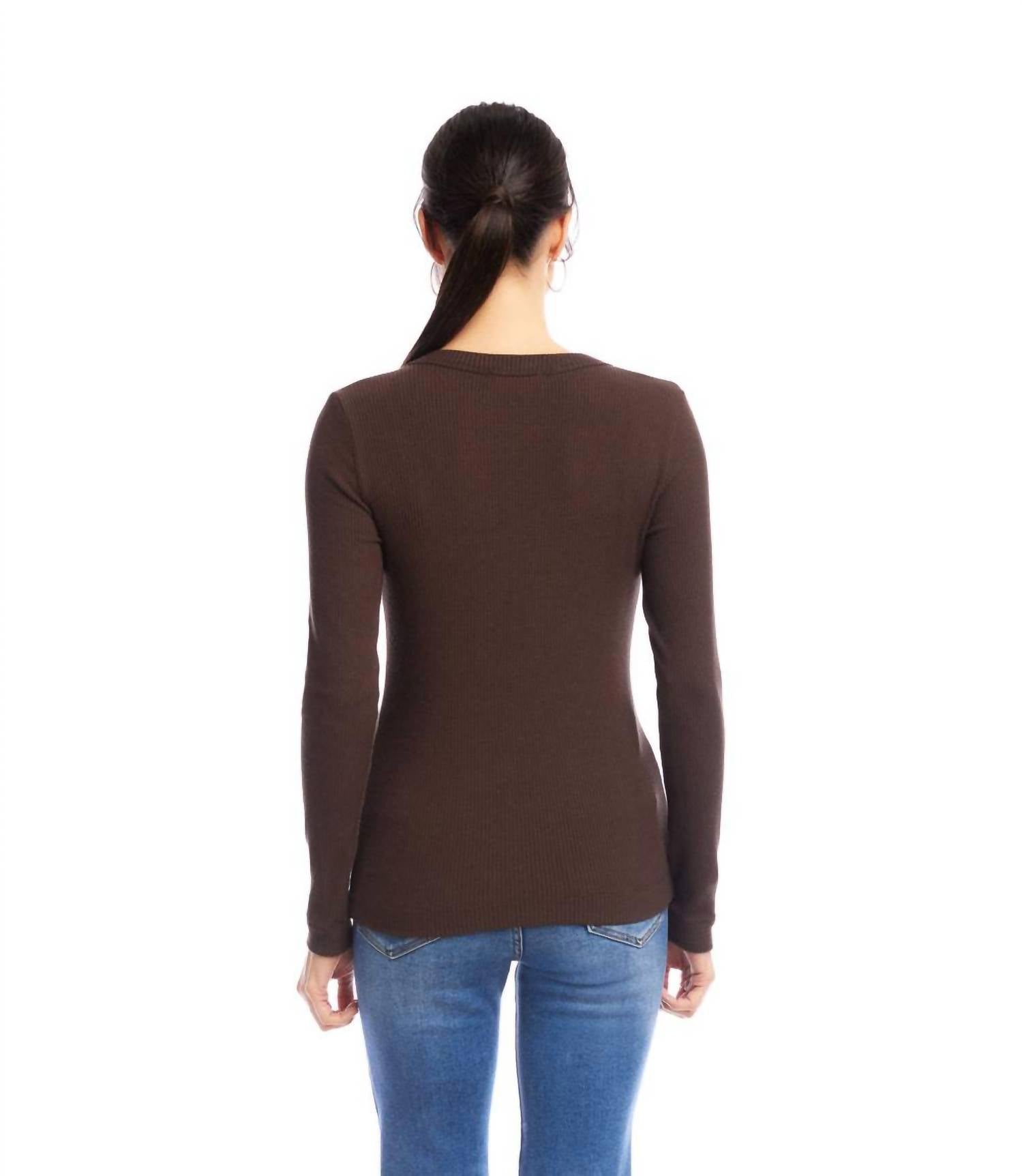Karen Kane Long Sleeve Ribbed V-Neck Top in brown - women's long sleeve top - detail view