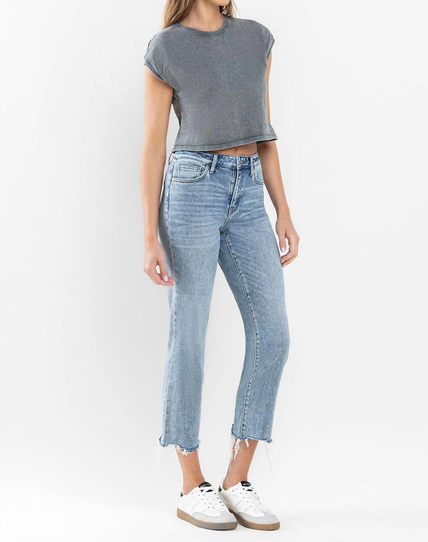 Flying Monkey - High Rise Cropped Distressed Hem Straight Jeans