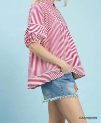 Umgee - V-Neck Mandarin Collared Stripe Top