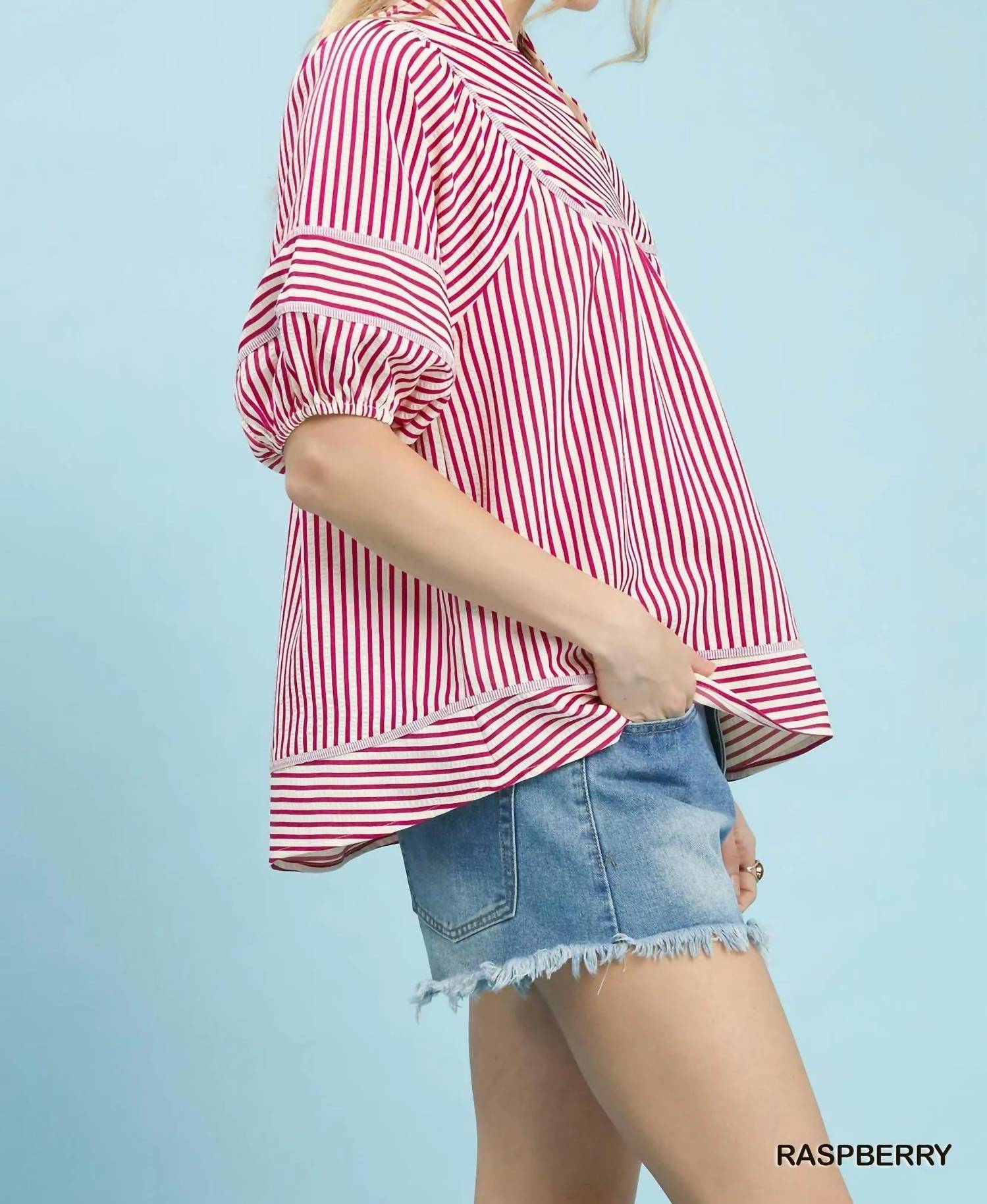 Umgee - V-Neck Mandarin Collared Stripe Top