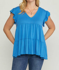 entro Tiered Ruffle Babydoll Top in french blue - women's blouse - view 6