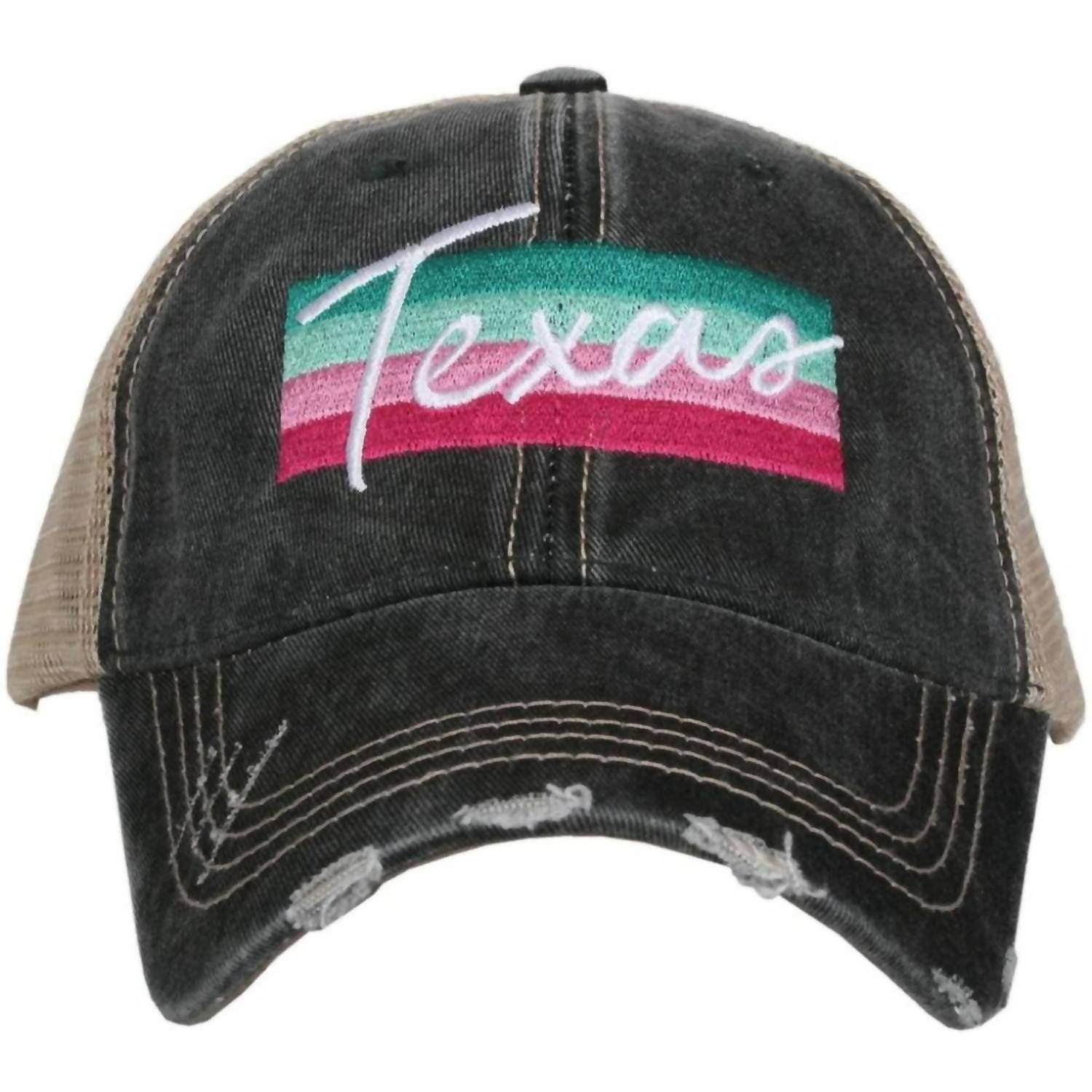 Katydid - Women's Texas Script Embroidered Distressed Trucker Hat