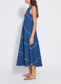 Lysse Mirabella Fringed Midi Denim Dress in mid wash - women's dress - detail view