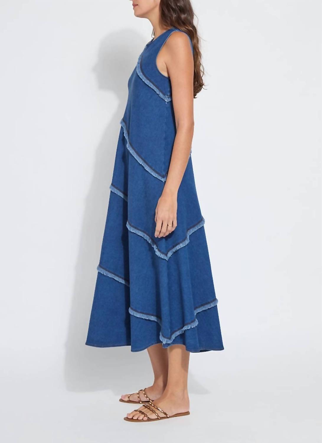 Lysse Mirabella Fringed Midi Denim Dress in mid wash - women's dress - detail view