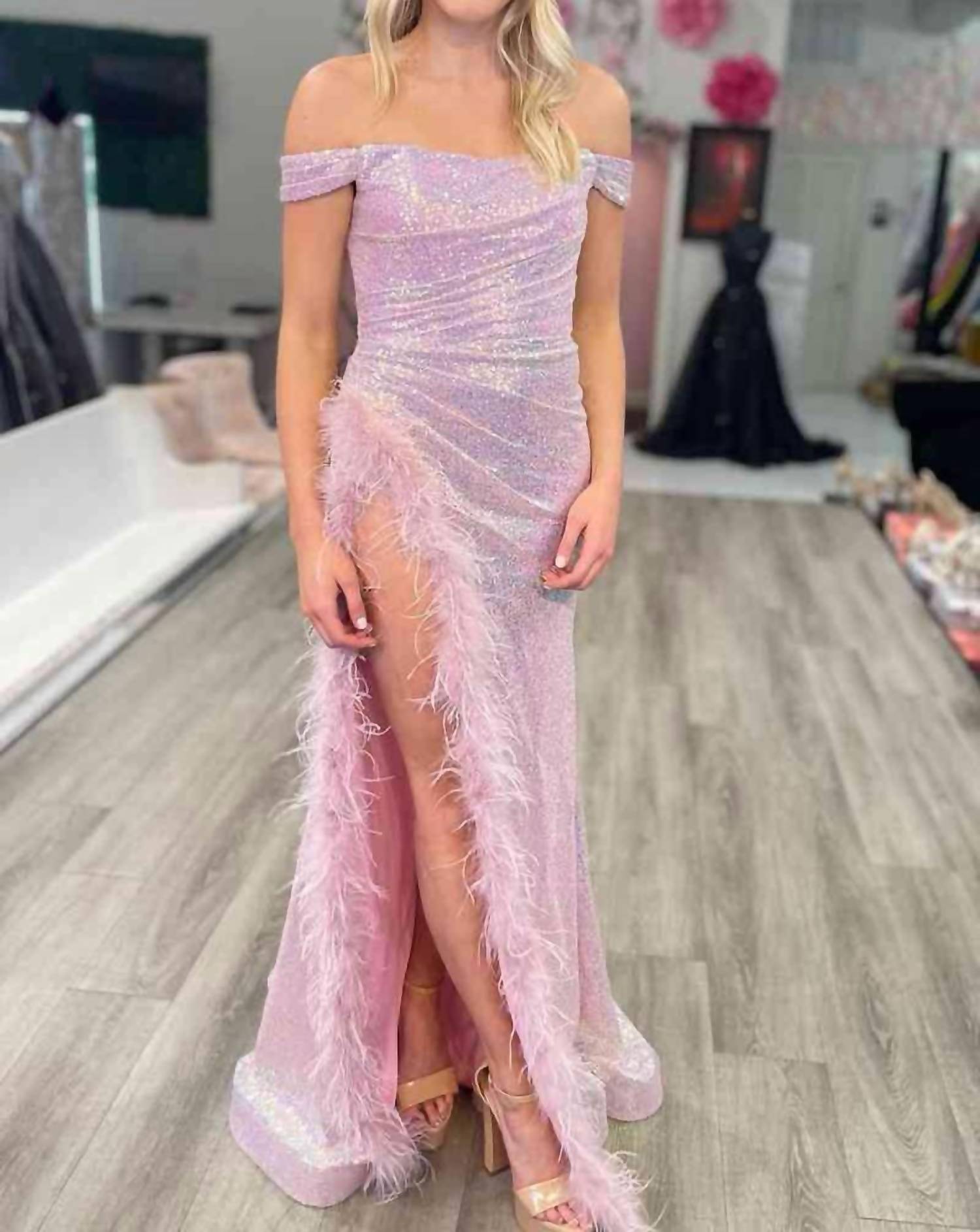 Vienna Prom - High Slit Feathers Off-the-shoulder Long Party Dress