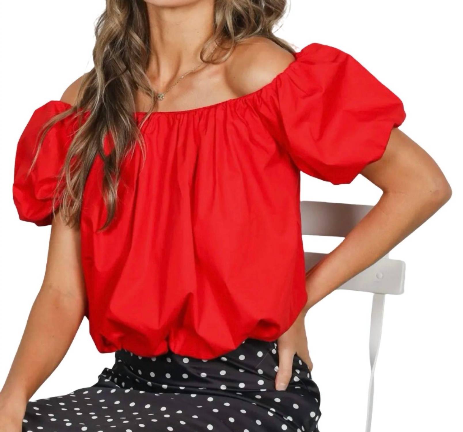 Vine & Love Bubble Sleeve Cotton Balloon Bottom Top in red - women's blouse - detail view