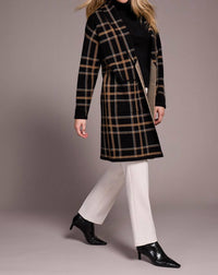 TRIBAL Double Knit Long Plaid Coatigan in black 1 - women's cardigan - alternate view