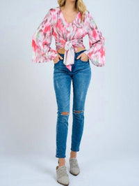 Llove - Bowtie Crop Flare Sleeve Top