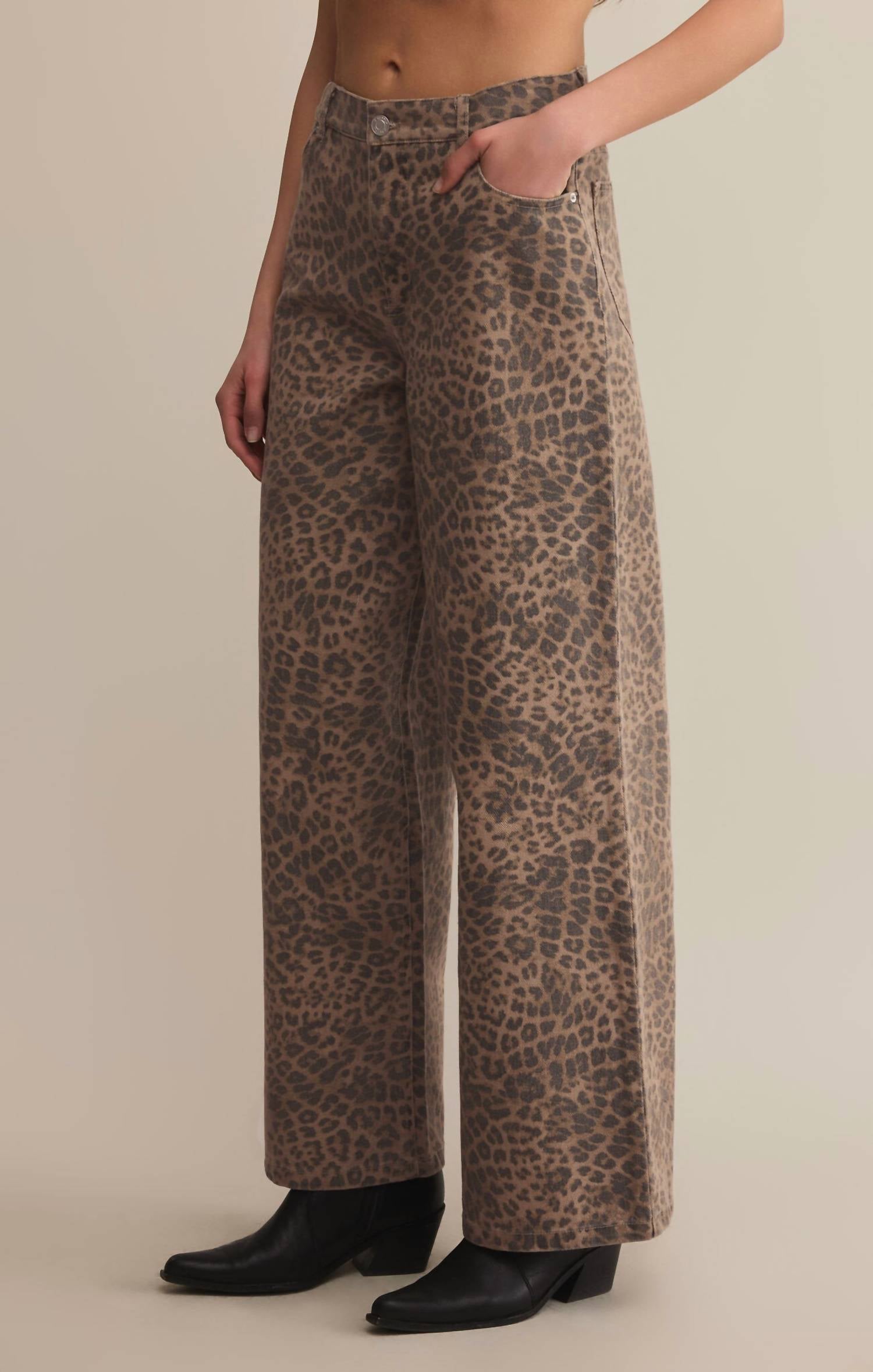 Z Supply Marli Denim Leopard Pant in desert tan 3 - women's pants - alternate view