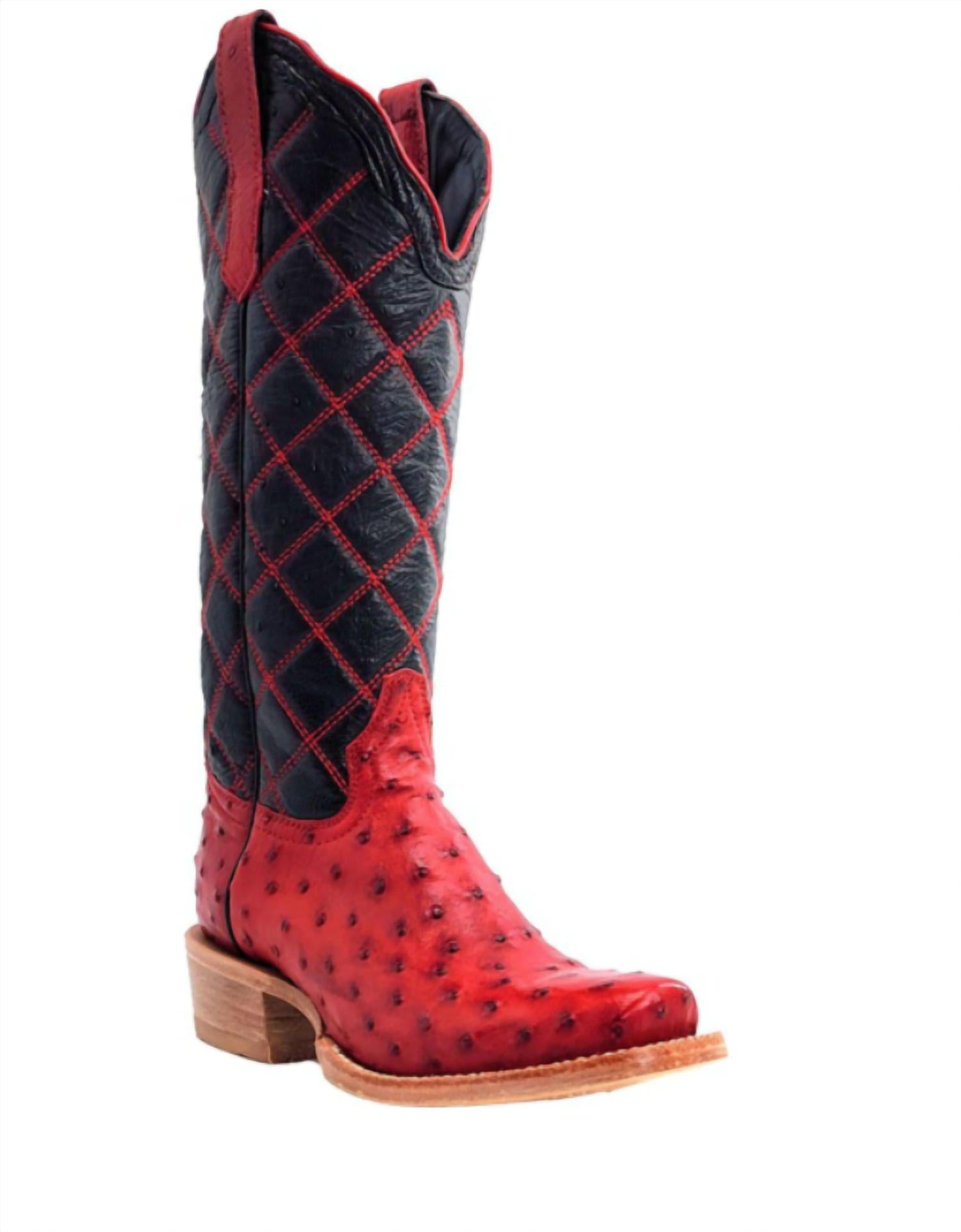 R Watson Boots Women's Rose Full Quill Ostrich Cowgirl Boots in black red - women's shoe