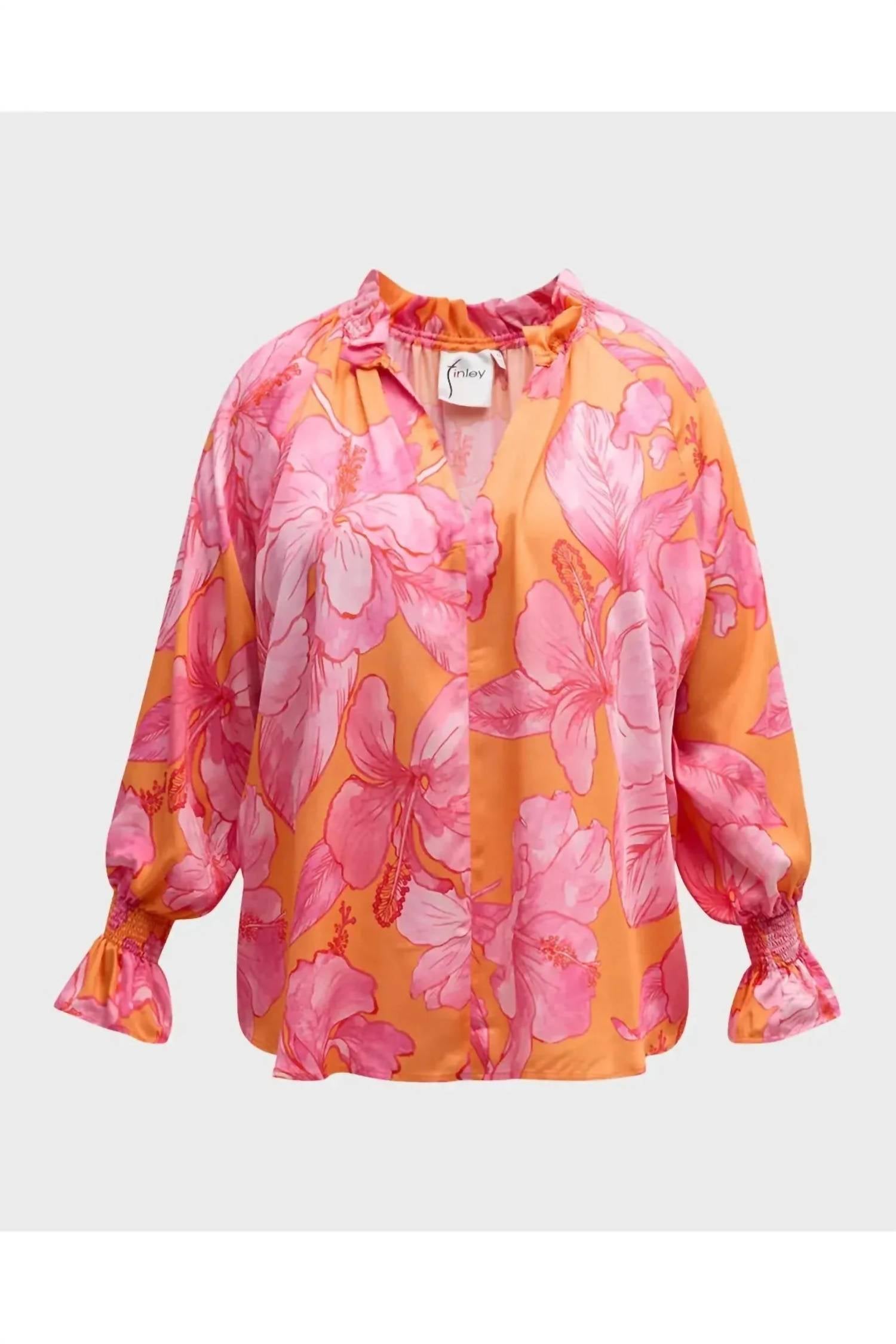 Finley Candace Floral Blouson Sleeve Top in royal hawaiian orange pink - women's blouse - view 8