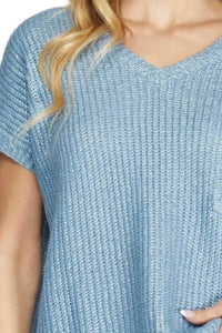 She + Sky - Short Sleeve V-neck Metallic Coated Sweater Top With Front Pocket