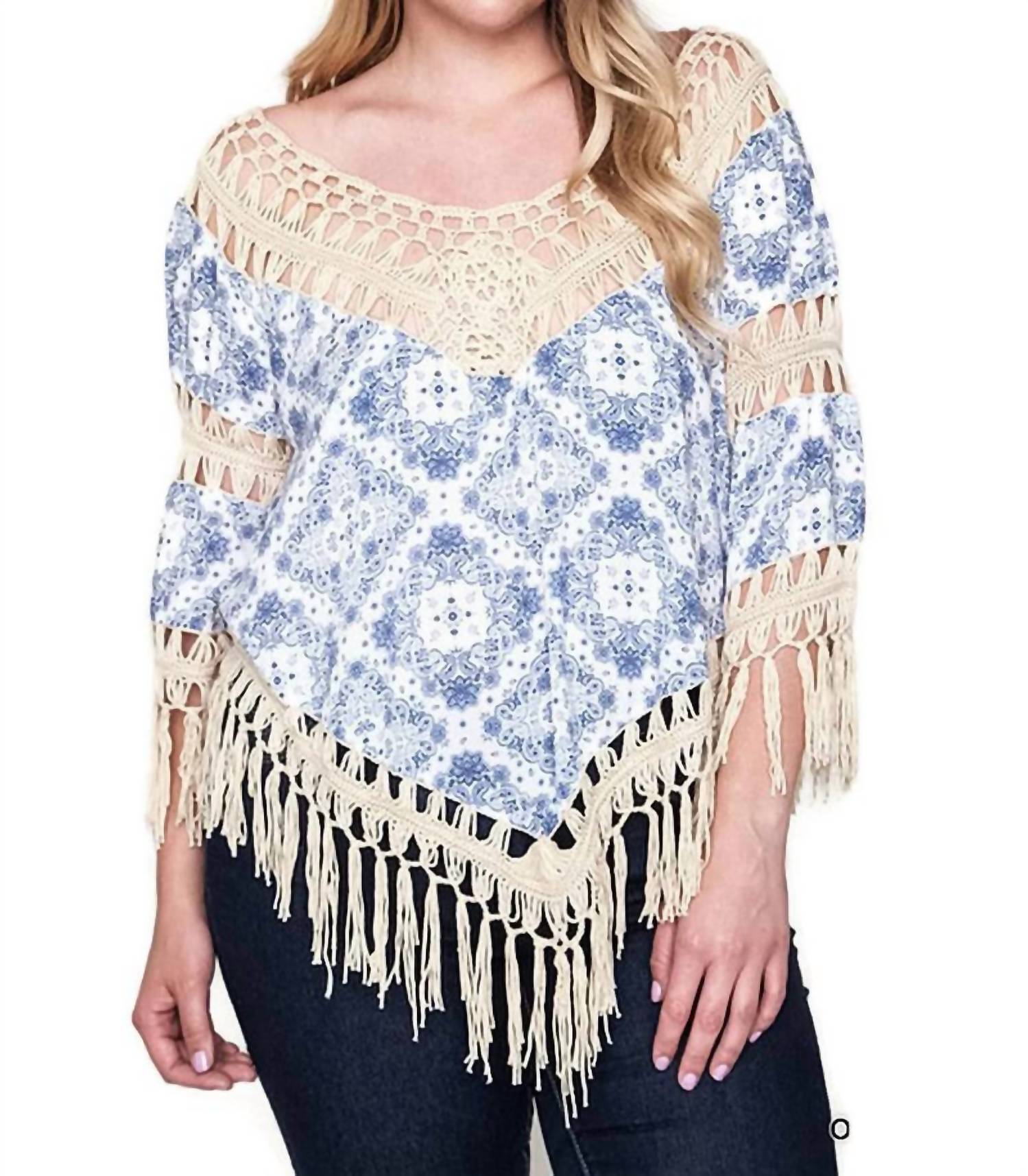 Umgee - Crochet & Fringe Printed Top