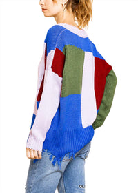 Umgee - Color Block Frayed Hem Sweater