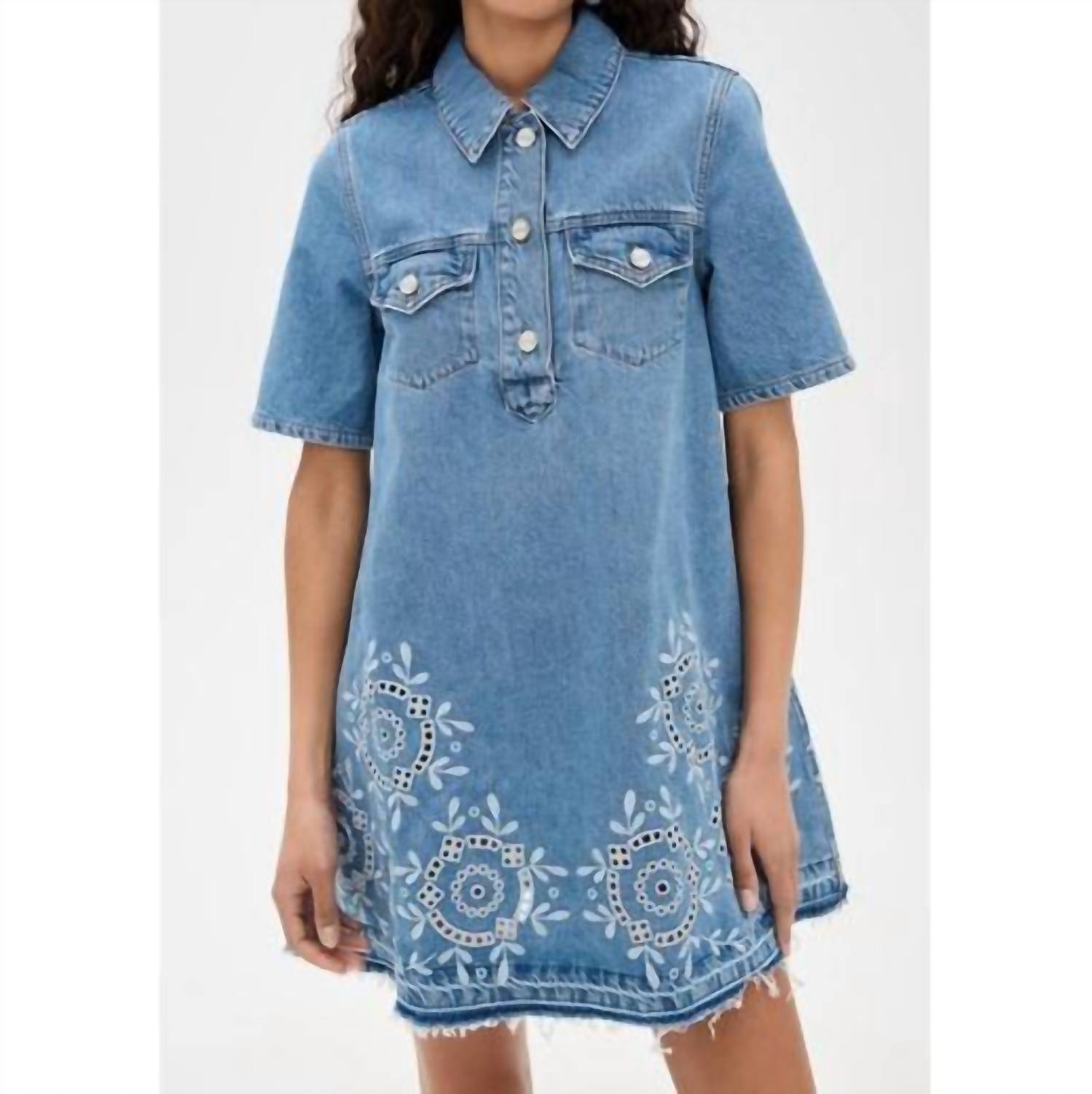 Ganni - Broderie Anglaise Denim Mini Dress