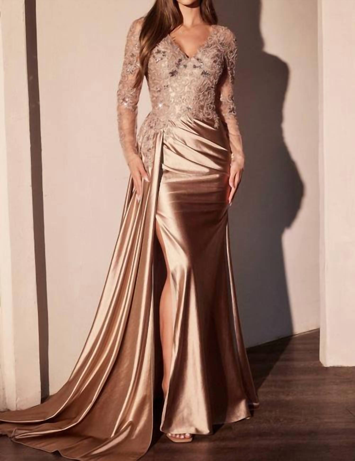 Ladivine Long Sleeve Side Streamer Satin Dress in mocha gold - women's dress
