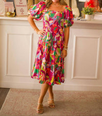 PINCH Square Neck Midi Dress in pink multi - women's dress - detail view