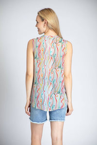 Apny - Print Chiffon Button-up Sleeveless Top