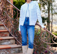 Karen Kane Long Sleeve Stripe Cardigan Sweater - Petite in blue with off white - women's cardigan - view 6