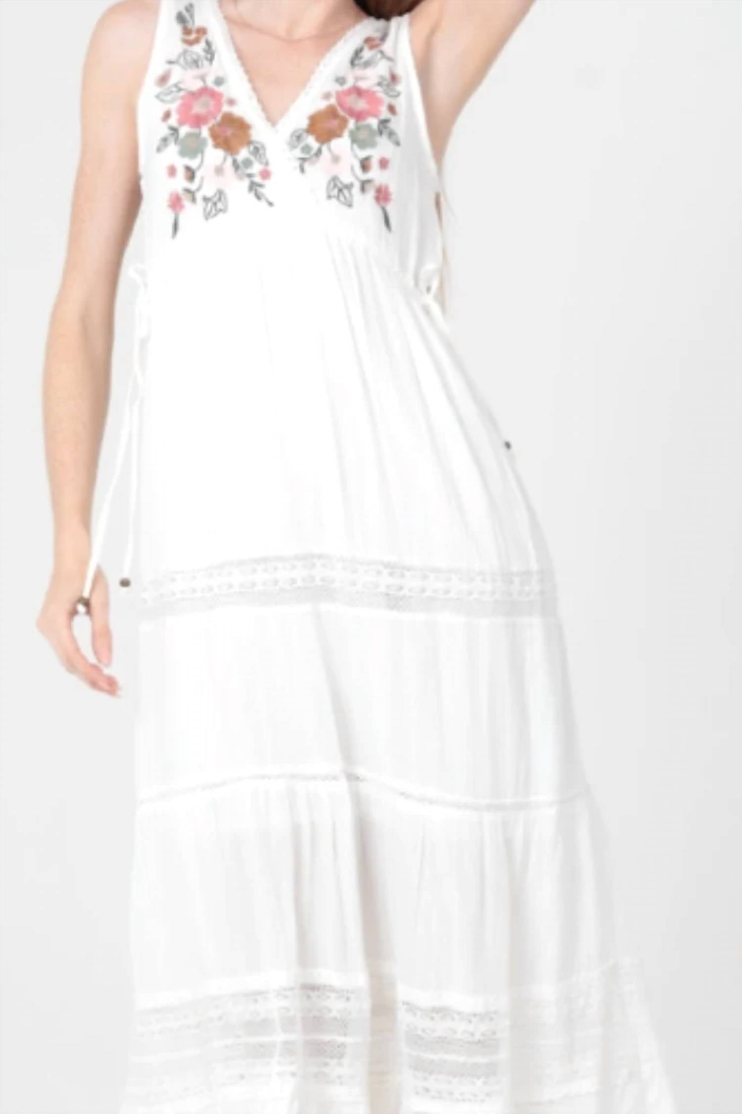 Angie - V-neck Sleeveless Tiered Dress With Embroidery
