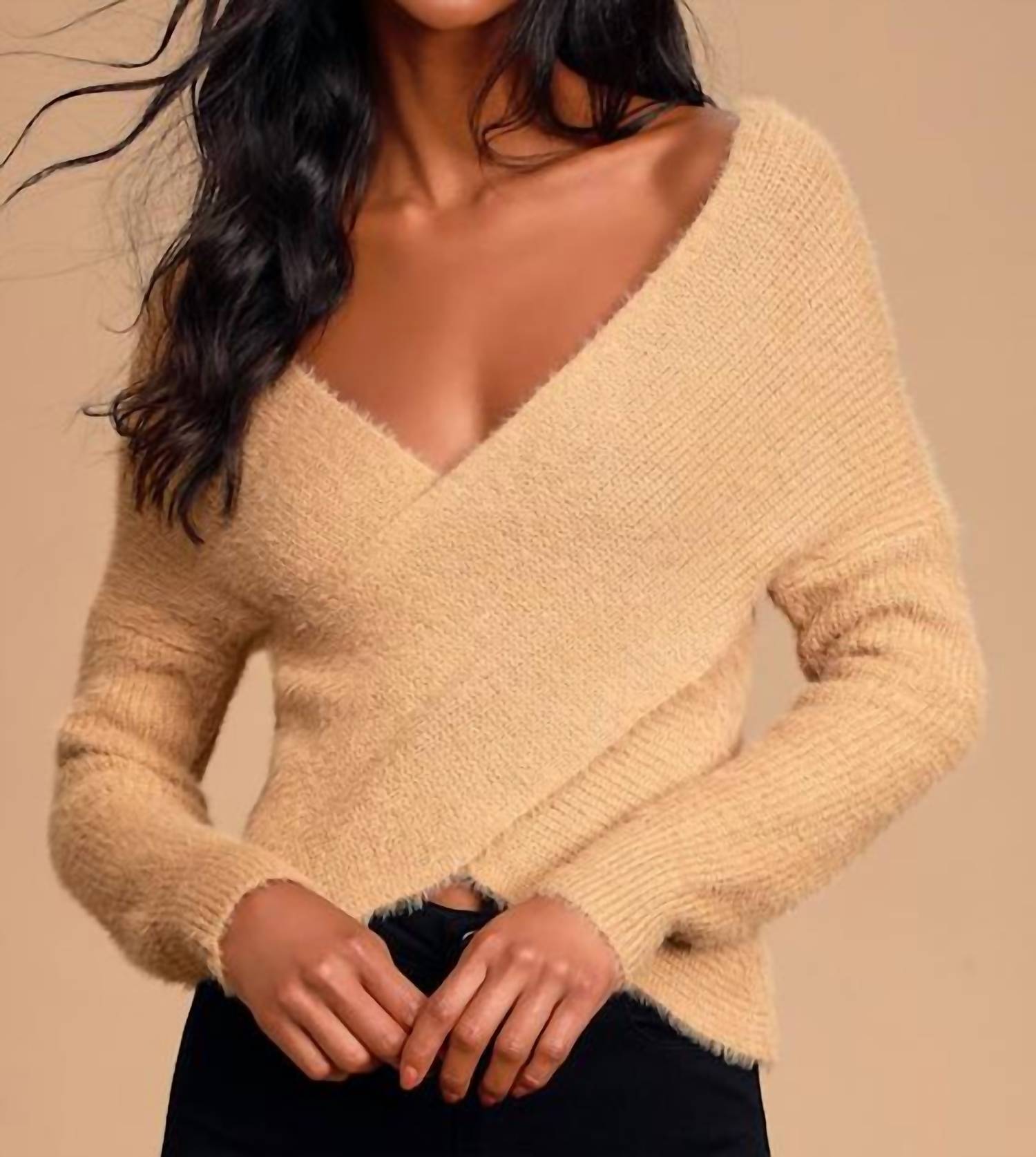 SAGE THE LABEL Marah Eyelash Knit Cross Front Sweater in tan - women's sweater