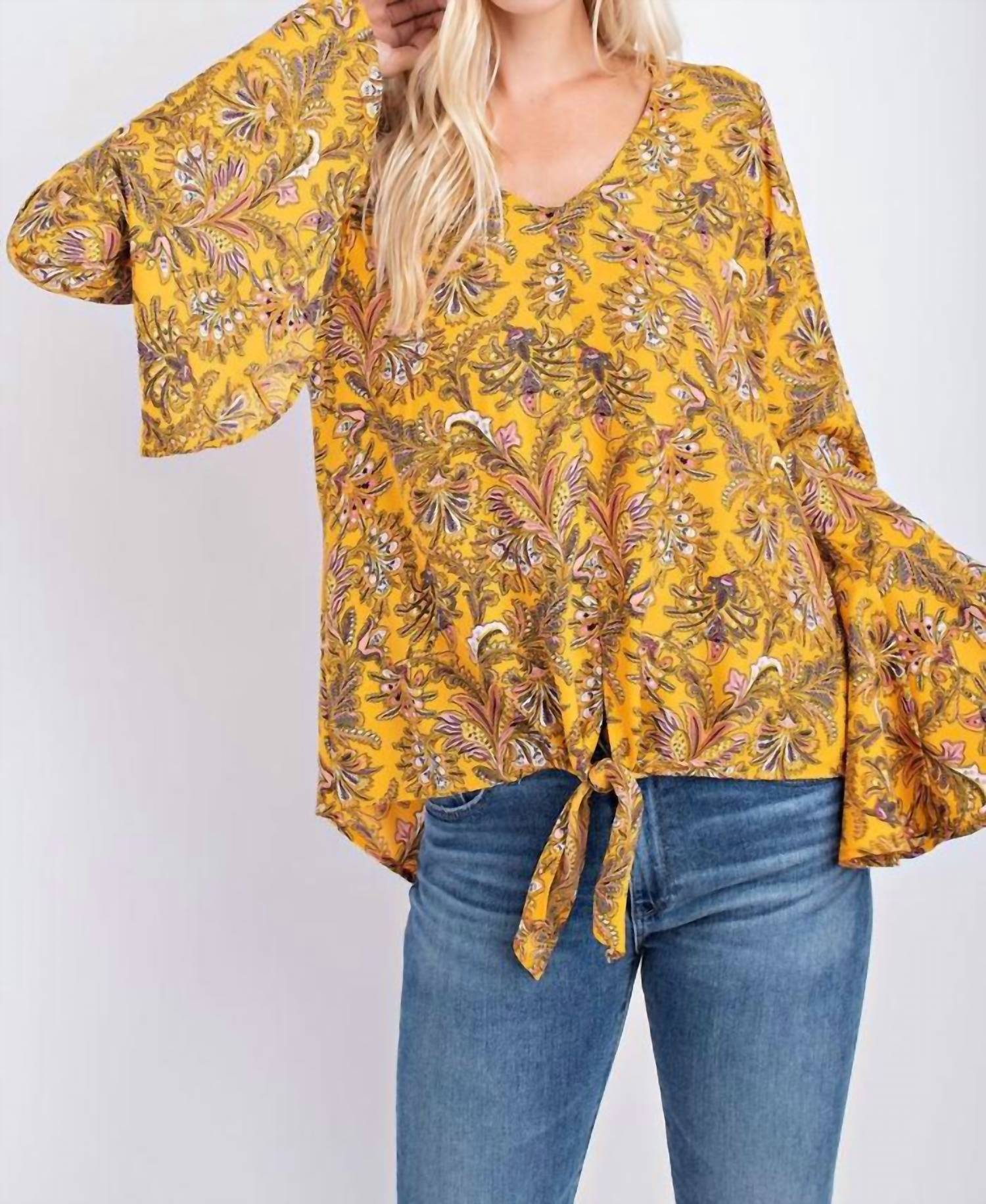 143 Story - Golden Yellow With Floral Front Tie Blouse