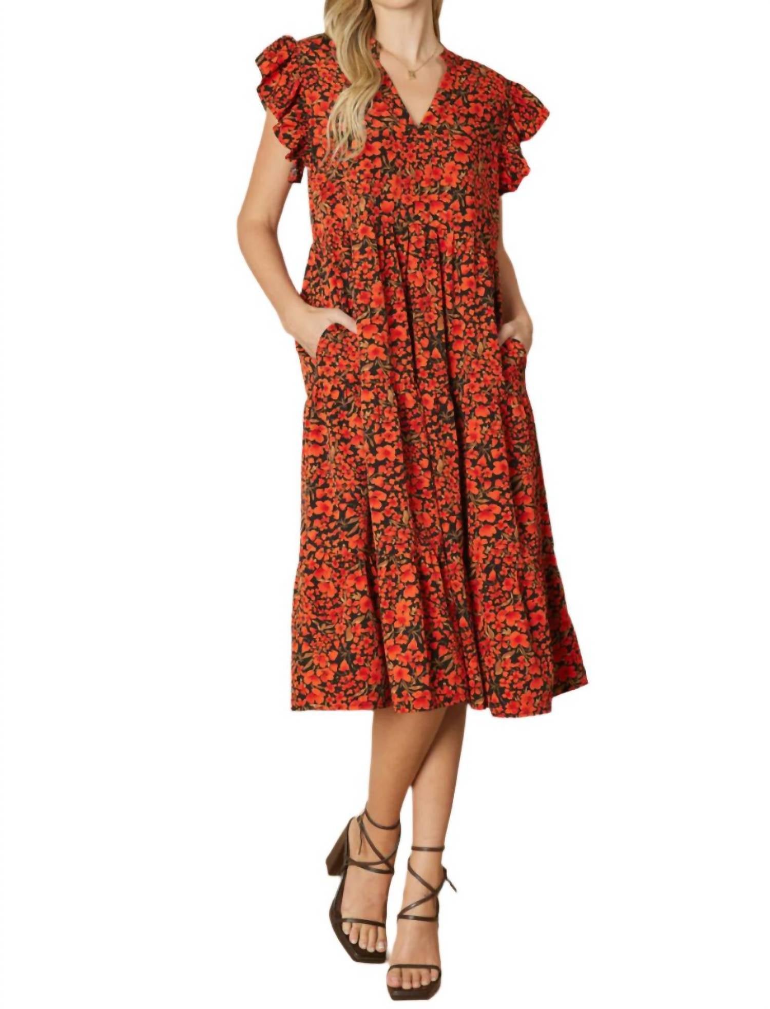 entro Floral Tiered Ruffle Midi Dress in black - women's dress - detail view