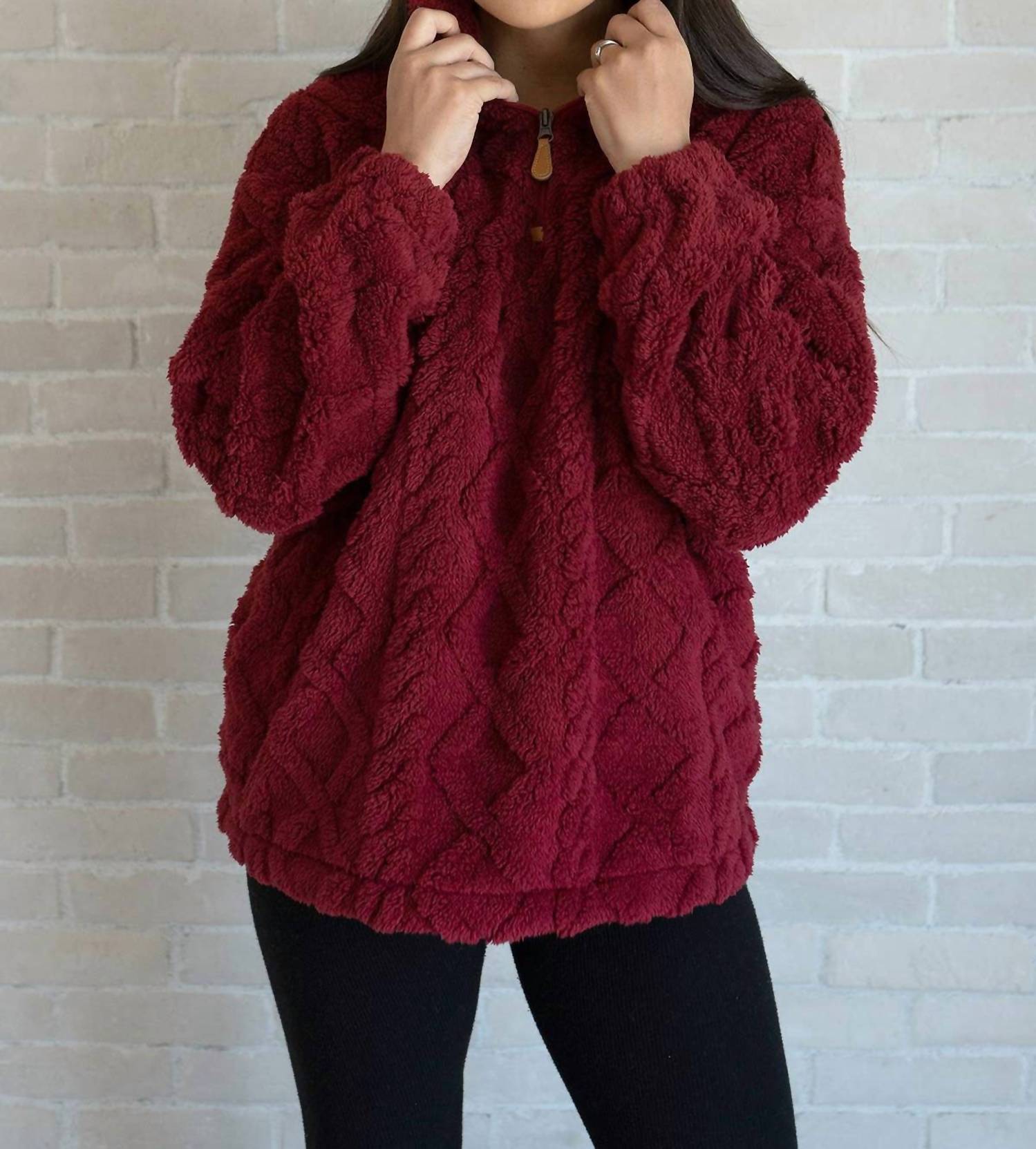 JNC RT Women's Sherri Textured Sherpa Top in wine - women's sweater