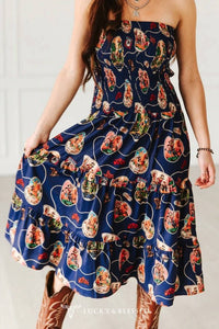 Lucky & Blessed - Retro Rodeo Print Smocked Strapless Western Midi Dress